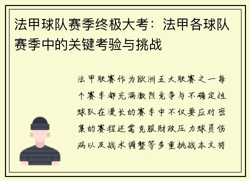 法甲球队赛季终极大考：法甲各球队赛季中的关键考验与挑战