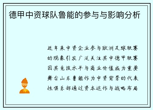 德甲中资球队鲁能的参与与影响分析